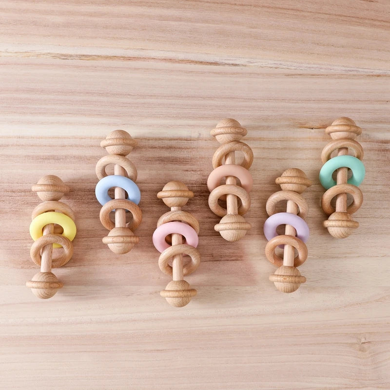 Baby Toys Wooden Rattles with Silicone Ring