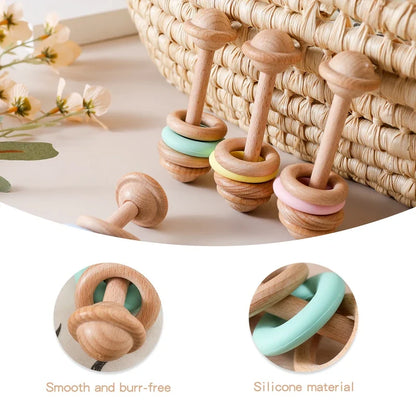 Baby Toys Wooden Rattles with Silicone Ring