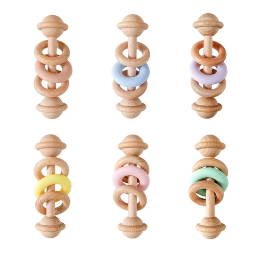 Baby Toys Wooden Rattles with Silicone Ring