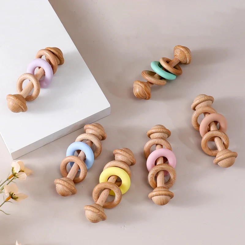 Baby Toys Wooden Rattles with Silicone Ring