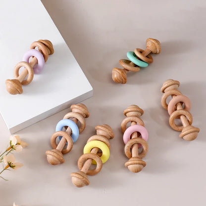 Baby Toys Wooden Rattles with Silicone Ring